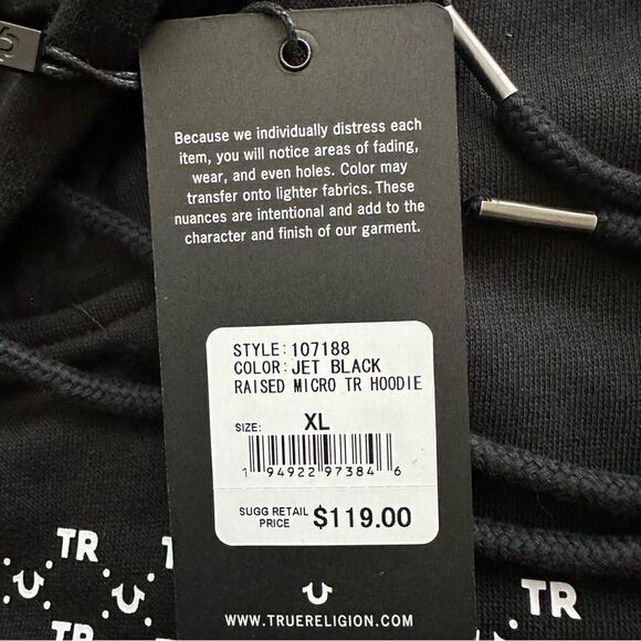 True Religion Horseshoe Logo Raised Micro TR Hoodie XL Style 107188 Jet Black - Picture 4 of 7